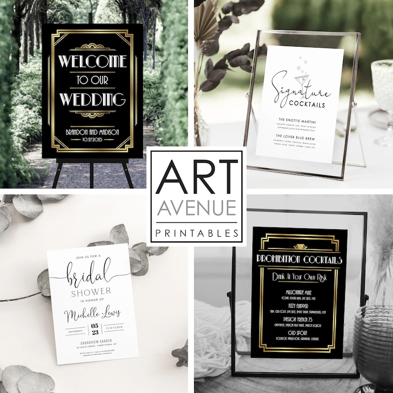 May include: Four printable signs with a black and gold art deco design. The signs include a wedding welcome sign, a bridal shower invitation, a signature cocktails sign, and a prohibition cocktails sign.