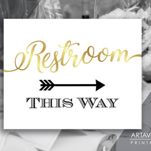 Restroom Sign Printable, Gold Wedding Party Signage, Restroom This Way Arrow Sign, Instant Download SCG69
