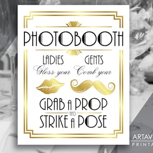 Great Gatsby Photo Booth Sign Printable, Gold Roaring 20&#39;s Art Deco Poster Sign Download, Wedding Party Decorations, Instant Download ADWGB1