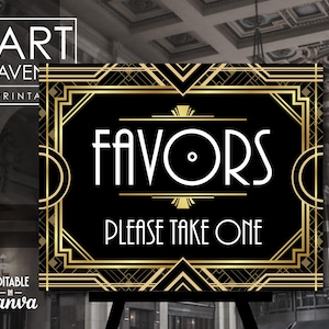 Favors Please Take One Sign Printable, Great Gatsby Art Deco Party Bar Decorations, Roaring 20&#39;s Party, Editable Vector Art Download AA191BG