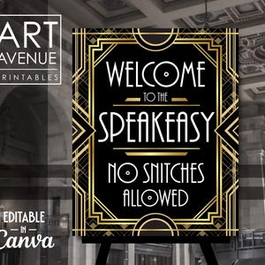 Welcome to the Speakeasy Sign Printable, Great Gatsby Art Deco Party Decorations, Roaring 20&#39;s Party, Editable Vector Art Download AA187