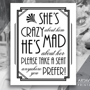 Gatsby Wedding Printable Art Deco Sign - &quot;Please Take A Seat Anywhere You Prefer&quot; - Black and White Classic Wedding digital file - VW1