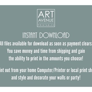 Peut inclure: Un fond bleu sarcelle avec du texte blanc qui dit "ART AVENUE PRINTABLES T&Eacute;L&Eacute;CHARGEMENT INSTANTAN&Eacute; Tous les fichiers sont disponibles en t&eacute;l&eacute;chargement d&egrave;s que le paiement est effectu&eacute;. Vous &eacute;conomisez de l'argent et du temps sur les frais d'exp&eacute;dition et vous avez la possibilit&eacute; d'imprimer les quantit&eacute;s que vous souhaitez ! Imprimez depuis votre ordinateur/imprimante &agrave; domicile ou votre imprimerie locale et stylisez et d&eacute;corez vos murs ou votre f&ecirc;te !"