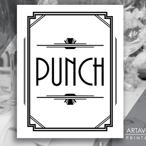Gatsby Party Printable Art Deco Sign - &quot;PUNCH&quot; Printable Party Sign - Black and White - ADWB1