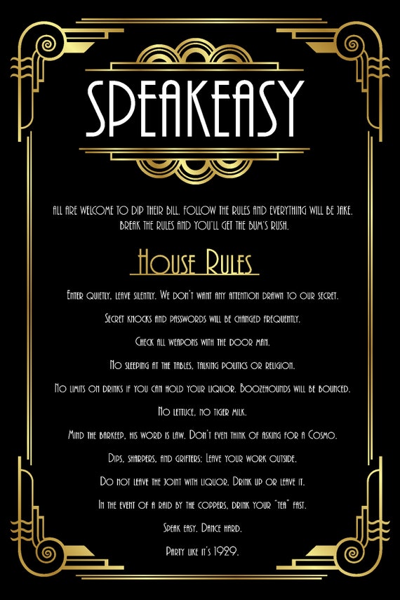 Gatsby Party Decor Printable Sign | Speakeasy House Rules Poster Printable  | Black and Gold Art Deco Wedding Party Decor - ADBG1