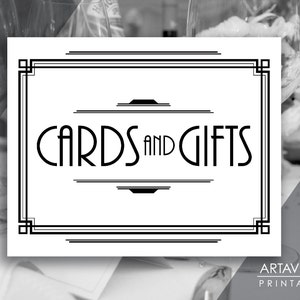 Art Deco Cards and Gifts Sign Download, Black and White Wedding Party Sign Printable, Instant Download VW1