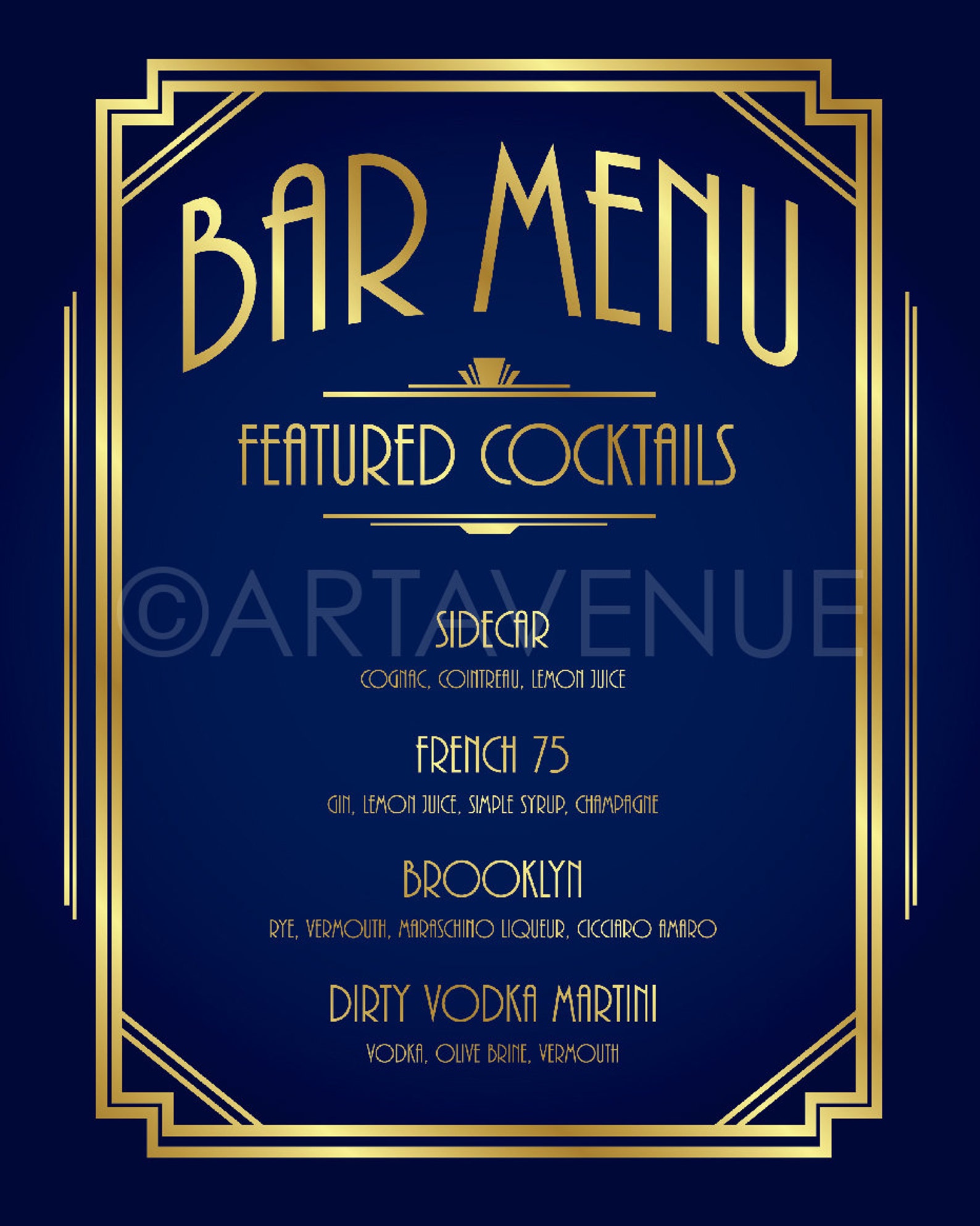 Custom BAR MENU Sign Printable Art Gatsby Bar Menu Gatsby Etsy