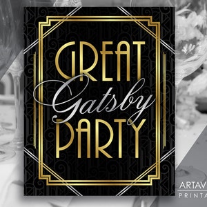Gatsby Party Printable Art Deco Wedding Sign - &quot;GREAT GATSBY PARTY&quot; - Art Deco Pattern Background Faux Gold digital file - ADC1