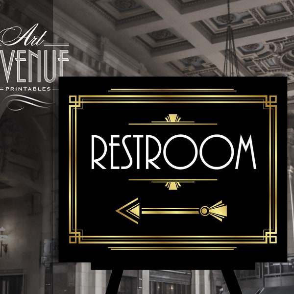 Restroom Sign Template | Gold Gatsby Wedding Party Restroom Sign Editable | Art Deco Roaring 20s Sign Printables #003 AD18