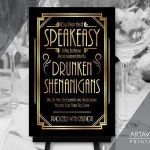 Speakeasy Sign Download, Roaring 20&#39;s Party Decor, 24 x 36 SPEAKEASY Shenanigans Sign, Art Deco Gatsby Party Poster Printable