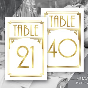 Afdrukbare Art Gatsby Wedding Art Deco 4 x 6 &quot;TABLE Numbers 21-40&quot; - digitaal bestand wit en nepgoud - ADWG1