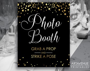 Download de sinal de cabine fotográfica de confete dourado | Cabine fotográfica de confete dourado para impressão | Placa para cabine fotográfica preta e dourada BGC6