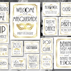 Masquerade Party Sign Bundle, Art Deco Masquerade Party Decorations, Great Gatsby 1920s Party Printable Vector PDF, Instant Download AA215