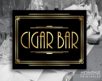 Gatsby Bar Decor Printable Cigar Bar Sign, Gatsby Party, Roaring Twenties Party Decor, Art Deco Party Supplies - Black and Gold - ADBG1