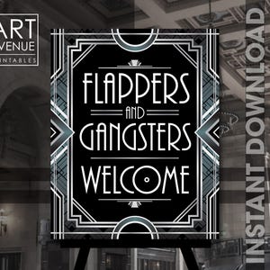 Afdrukbaar welkomstbord voor flappers en gangsters, zilverblauwe art-deco-feestdecoraties, Roaring 20&#39;s Party, instant download AA209SB
