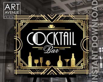 Cocktail Bar Sign Download, Great Gatsby Art Deco Speakeasy Party Sign Decorations, Roaring 20's Wedding, Instant Download AA211BG