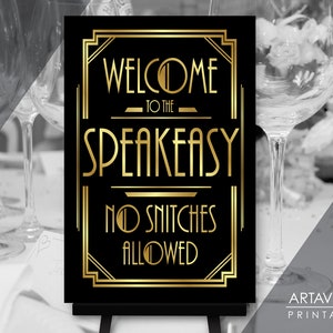 Roaring 20's Party Decor | 24 x 36 SPEAKEASY WELCOME Sign Download | 24x36 Black and Gold Art Deco Poster Printable BG5