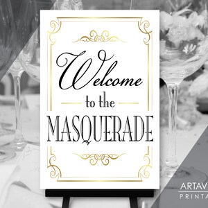 Masquerade Party Sign Download, 24x36 Masquerade Welcome Sign | Black and Gold Masquerade Party | Party Printables BG98
