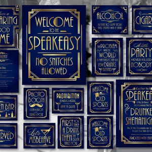Speakeasy Party Signs, Navy Blue and Gold Art Deco Party Sign Bundle, 1920s Party Downloads, Roaring 20s Wedding Signs Download AA110