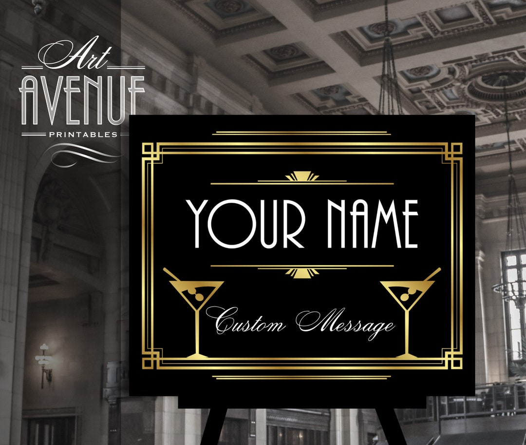 Editable Bar Cocktails Sign Template Gold Gatsby Personalized Bar Sign