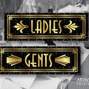 Letreros para baño con diseños para imprimir: letreros para baños con la inscripción &quot;DAMAS&quot; y &quot;CABALLEROS&quot; - Letreros para baños con motivos Art Deco para bodas Gatsby - Fondo con estampado de oro falso - ADC1