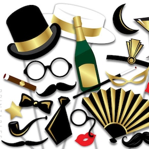 Gatsby PHOTO BOOTH PROPS Art Deco Printable Party Roaring 20s Mustache Party Props - Faux Gold digital files - ADC1