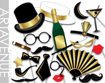 Gatsby PHOTO BOOTH PROPS Art Deco Printable Party Roaring 20s Mustache Party Props - Faux Gold digital files - ADC1