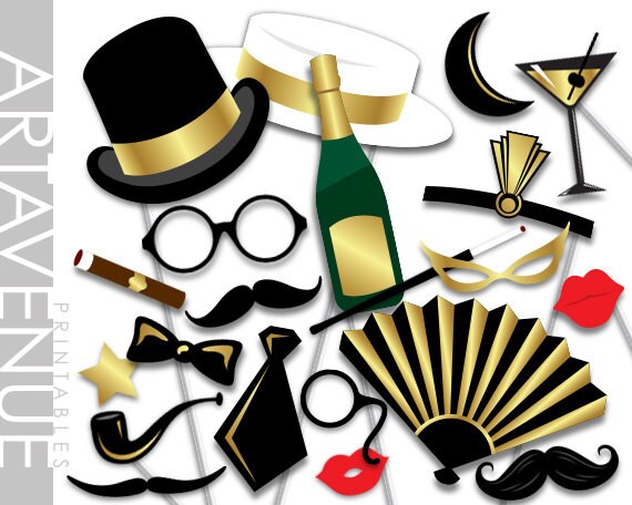 Gatsby PHOTO BOOTH PROPS Art Deco Printable Party Roaring 20s Mustache Party Props Faux Gold digital files ADC1