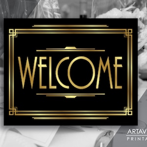 Art Deco welkomstbord afdrukbaar, Gatsby Wedding Party Signage, Roaring Twenties Party, Gold Gatsby Party Instant Download ADBG1