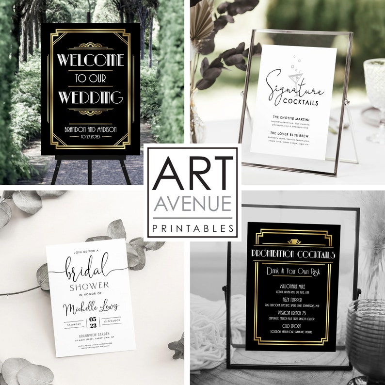 May include: Four printable signs with a black and gold art deco design. The signs include a wedding welcome sign, a bridal shower invitation, a signature cocktails sign, and a prohibition cocktails sign.