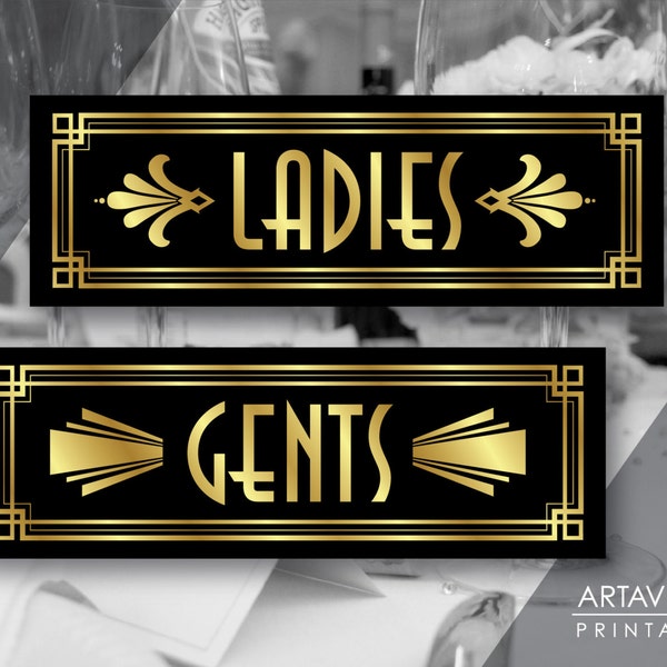 Art Deco Ladies and Gents Printable Signs, Gatsby Wedding, Roaring Twenties Party Decor, Art Deco Party Supplies - Black and Gold - ADBG1