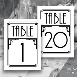 Art Deco Table Numbers Sign Printables | 5x7 Table Numbers 1-20 | Black and White Art Deco Gatsby Party Roaring 20&#39;s Wedding - ADWB1