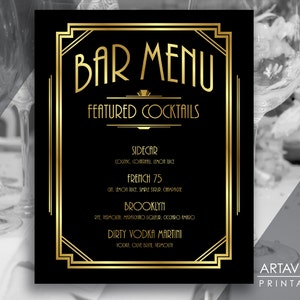 Custom BAR MENU Sign Printable Art - Gatsby Bar Menu Gatsby Wedding Art Deco Menu Sign - Black and Gold digital file - ADBG1