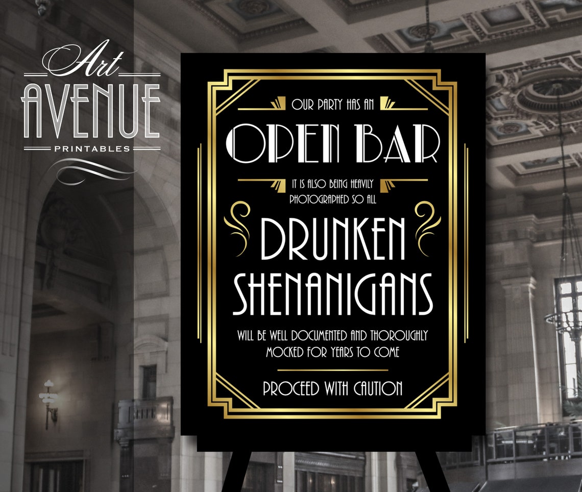 Open Bar Shenanigans Editable Sign Template Gold Gatsby Sign Etsy