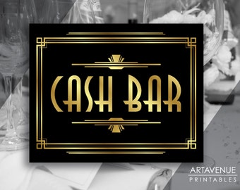 Gatsby Bar Decor druckbares Cash-Bar-Schild, Gatsby Party, Roaring Twenties Party Dekor, Art-Deco-Partyzubehör - Schwarz und Gold - ADBG1
