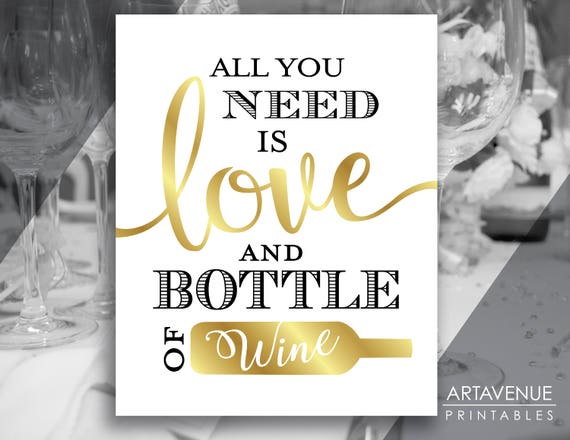 Chic Gold Sign Printables Love and A Bottle of Wine - Etsy
