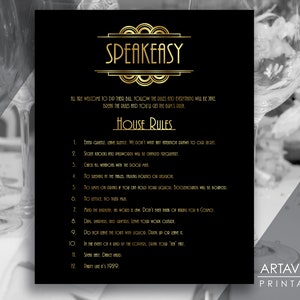 Great Gatsby Party Decorations, Speakeasy House Rules Poster Printable, Roaring 20&#39;s Art Deco Wedding Party, Instant Download ADBG1