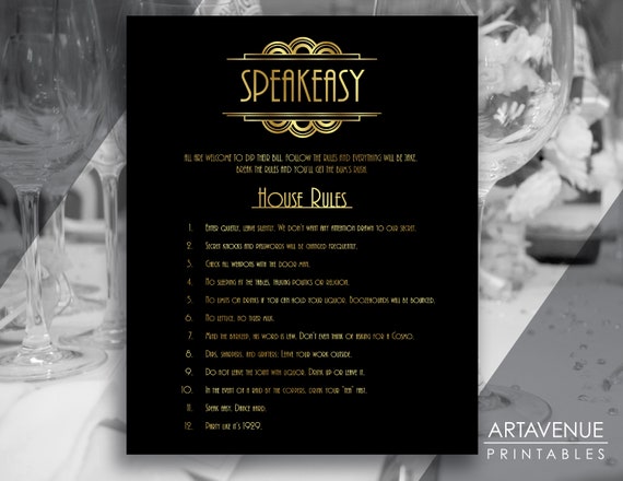 Gatsby Party Decor Printable Sign | Speakeasy House Rules Poster Printable  | Black and Gold Art Deco Wedding Party Decor - ADBG1