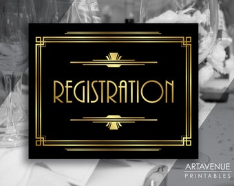 Art Deco REGISTRATION Sign Printable, Gatsby Wedding, Roaring Twenties Party Decor, Art Deco Party Supplies - Black and Gold - ADBG1