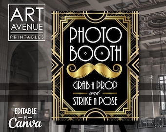 Photo Booth Sign Printable, Great Gatsby Art Deco Party Sign Decorations, Roaring 20's Party, Editable Vector Art Download AA190BG