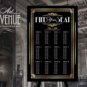Bearbeitbarer Art-Deco-Sitzplan, 24 x 36, Sitzplan-Schild, Gold Gatsby-Hochzeit, Roaring 20s Printable #003 AD99