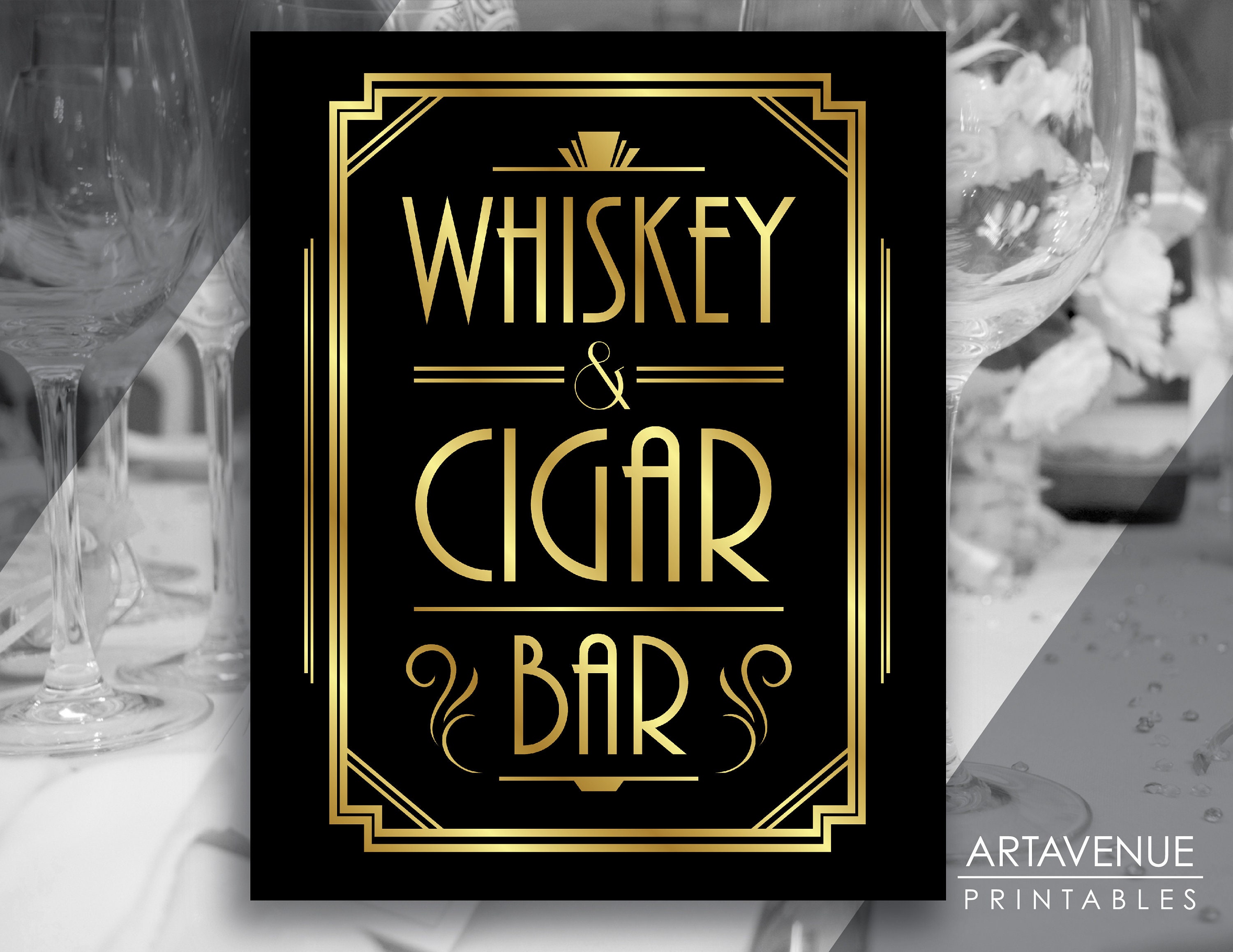 Art Deco Whiskey & Cigar Bar Sign Printable, Roaring Twenties