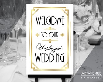 Unplugged Ceremony Sign Download | 24 x 36 Gatsby Art Deco Wedding Sign | 24x36 Black and Gold Art Deco Poster Printable BG82