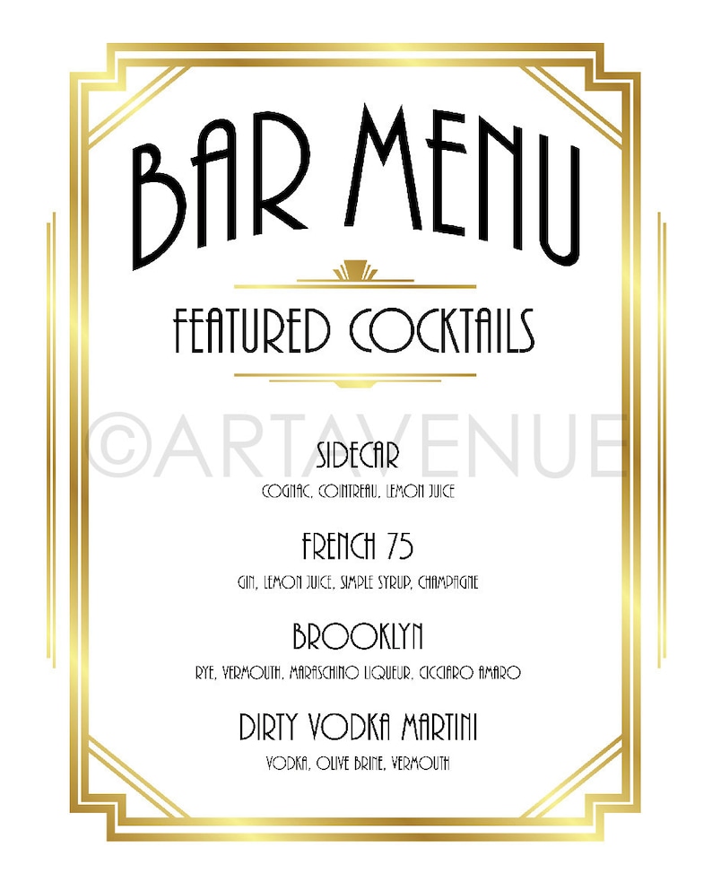 Custom BAR MENU Sign Printable Art Gatsby Bar Menu Gatsby Etsy