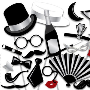 Black and White Gatsby Party PHOTO BOOTH PROPS Art Deco Printable Party Roaring 20s Mustache Party Props - Faux Silver digital files - ADBS1