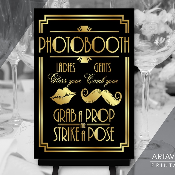 Roaring 20's Wedding Party Decor | 24 x 36 PHOTO BOOTH Ladies and Gents Sign Download | 24x36 Black and Gold Art Deco Poster Printable BG6