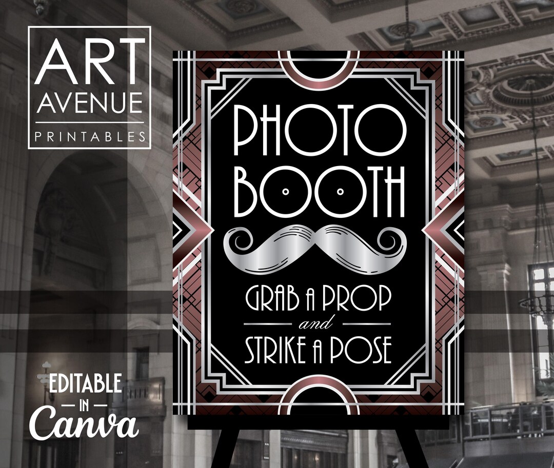 Photo Booth Sign Printable, Silver Red Art Deco Party Sign Decorations ...