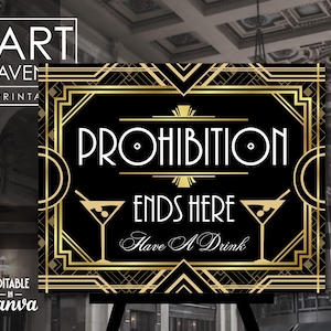 Prohibition Ends Here Sign Printable, Great Gatsby Art Deco Party Bar Decorations, Roaring 20&#39;s Party, Editable Vector Art Download AA168