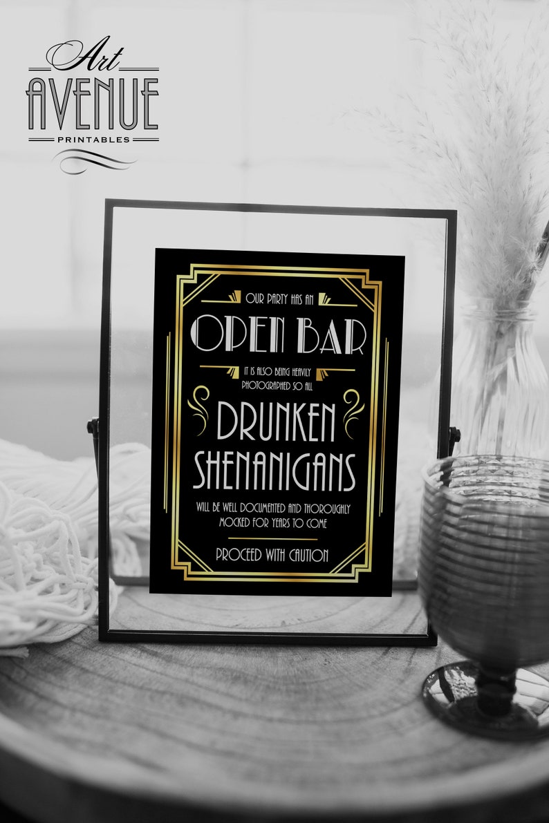 Open Bar Shenanigans Editable Sign Template Gold Gatsby Sign Etsy