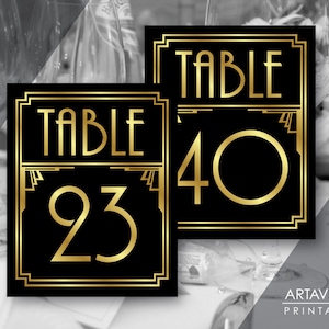 Printable Art Deco Table Number Signs 21-40, Gatsby Wedding, Roaring 20s Party Decor, Art Deco Party Supplies - Black and Gold - ADBG1